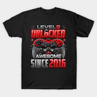 Level 8 Unlocked Awesome Since 2016 8Th Birthday Kids Gaming T-Shirt